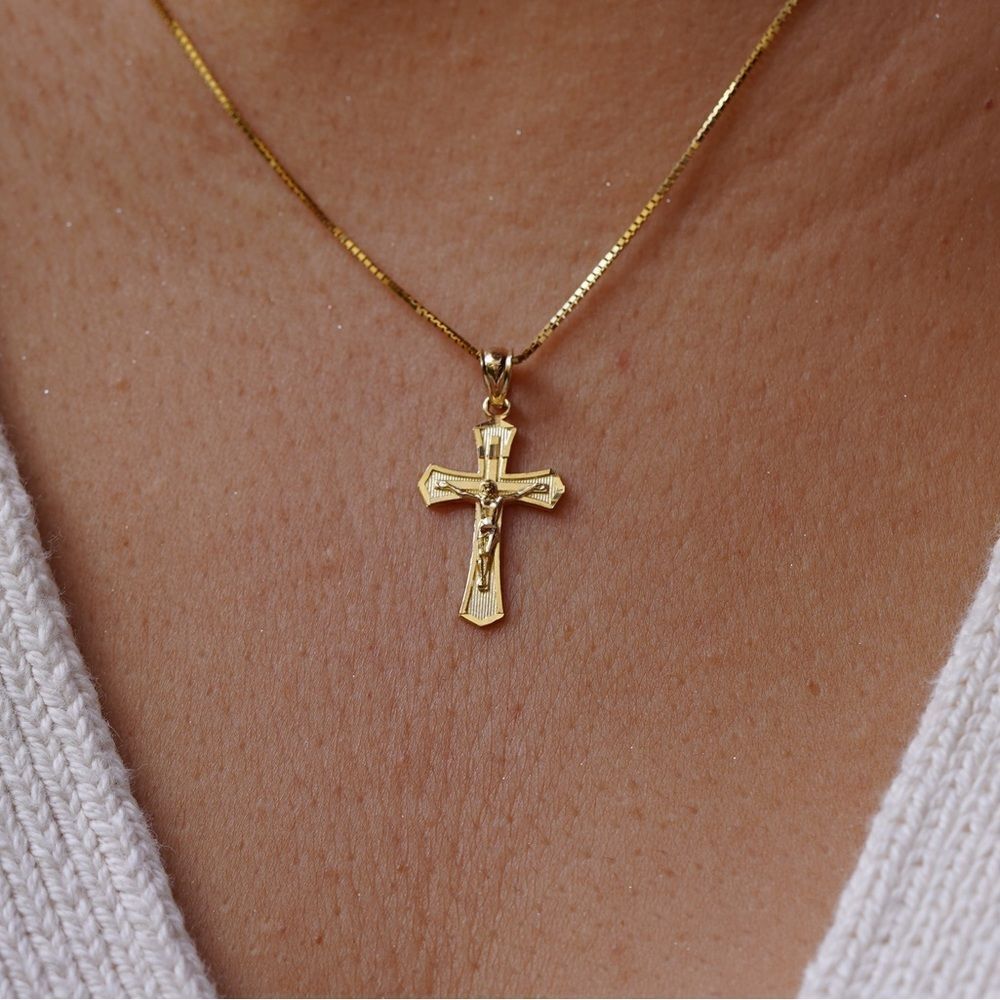 14k Real Yellow Gold Religious Crucifix Charm + 18” Solid Gold Box Chain